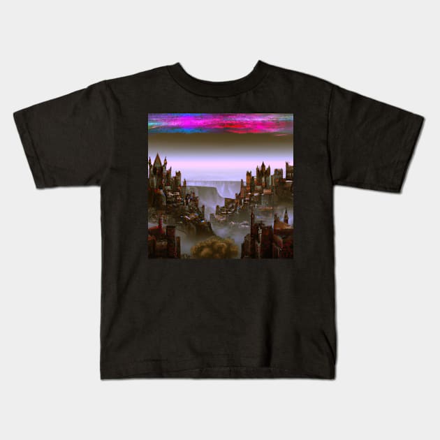 Castle Kingdom With Pink Sky Synthwave City Kids T-Shirt by FanciiFrog